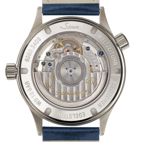 Sinn Frankfurt Financial 6060.B 3-Time Zone Blue Dial Watch with Bull & Bear Rotor Engraving