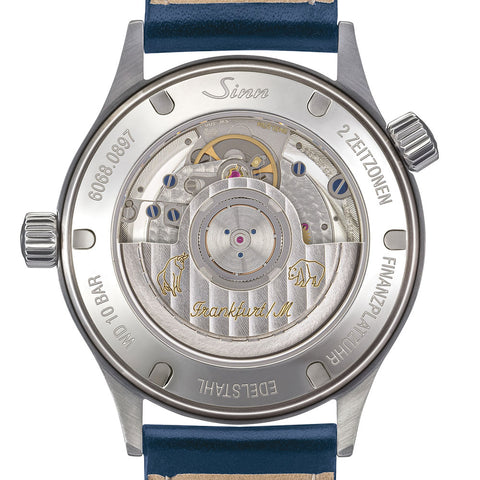 Sinn Frankfurt Financial 6068.B Dual Time Zone Blue Dial Watch with Bull and Bear Rotor Engraving