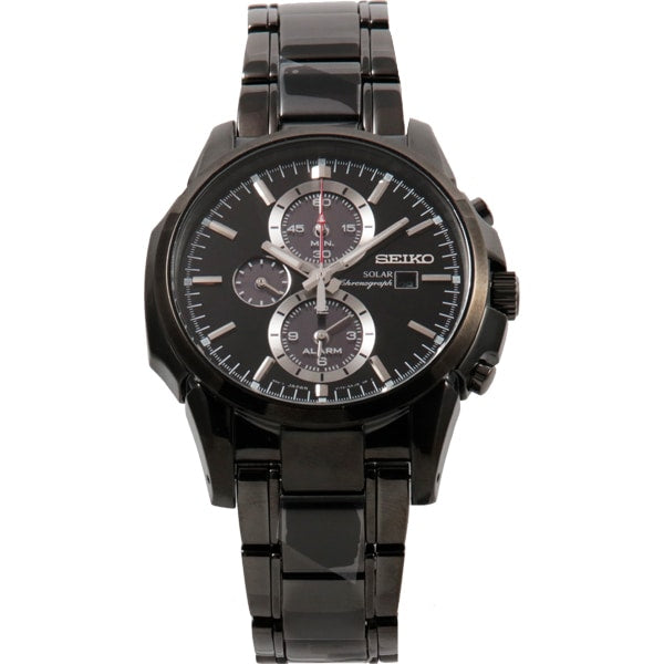 SEIKO SSC095P1 Watch - Men's Solar Chronograph Black Dial Alarm 10BAR Water Resistant IP Bracelet Watch