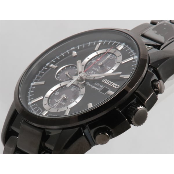 SEIKO SSC095P1 Watch - Men's Solar Chronograph Black Dial Alarm 10BAR Water Resistant IP Bracelet Watch (Image 2)