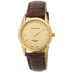 SUN FLAME MJG-X07-BR Watch - MJG X07 BR Men's Watch 10 ATM Water Resistant Leather Band Made in Japan Stylish Gold Design (Im