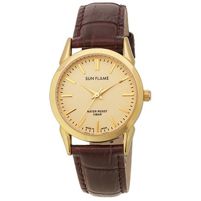 SUN FLAME MJG-X07-BR Watch - MJG X07 BR Men's Watch 10 ATM Water Resistant Leather Band Made in Japan Stylish Gold Design (Im