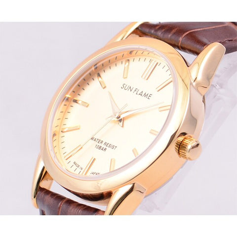 SUN FLAME MJG-X07-BR Watch - MJG X07 BR Men's Watch 10 ATM Water Resistant Leather Band Made in Japan Stylish Gold Design (Im