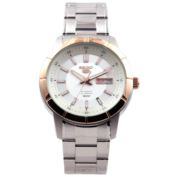 SEIKO SNKN56K1 Watch - Men's 5 Automatic Movement Stainless Steel Bracelet White Dial PG Bezel Watch