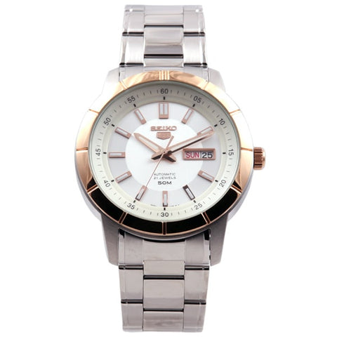 SEIKO SNKN56K1 Watch - Men's 5 Automatic Movement Stainless Steel Bracelet White Dial PG Bezel Watch