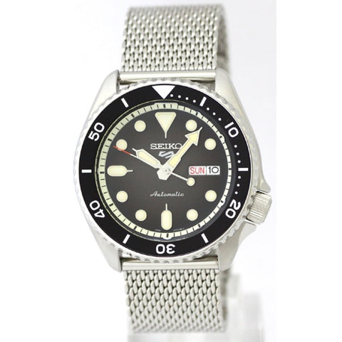 SEIKO SRPD73K1 5 Sports Stainless Steel Mesh Bracelet 10BAR Water Resistant Black Dial Automatic Movement