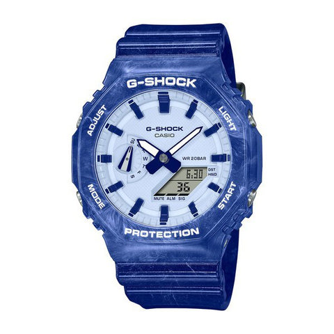 CASIO GA 2100BWP 2AJR G SHOCK Men's Watch with Blue Floral Design, Shock Resistant, 200M Water Resistant, Durable Resin Band