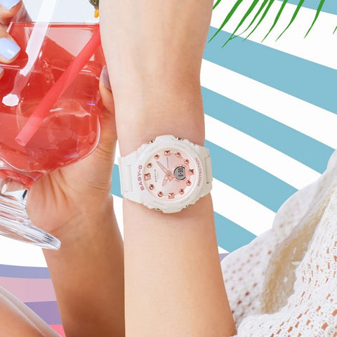 CASIO BGA 320 7A1JF Stylish Ladies BABY G Beach Scene Theme Watch with Water Resistance, Shock Resistance, and Trendy Design for Everyday Wear