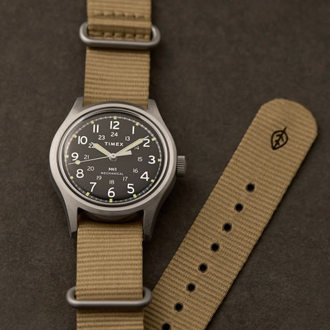 TIMEX TW2Y12000 TIMEX MK1 Handwind 1-Year Warranty Black Watch (Model: ) with Beige Strap - Genuine Product