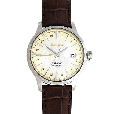 SEIKO SSK041J1 Watch - Automatic Silver Dial Leather Band GMT Men's Watch 40.5mm Water Resistant 1-Year Warranty
