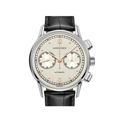 LONGINES L2.814.4.76.0 Heritage Chronograph with Silver Dial, Black Leather Strap, 2 Year Warranty and Timeless Elegance