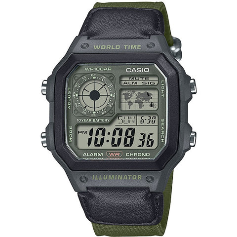 CASIO AE 1200WHUB 3AJF Men's Military Style Watch with Digital Display, Water Resistance, LED Backlight and Durable Resin Band