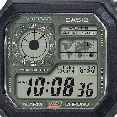 CASIO AE 1200WHUB 3AJF Men's Military Style Watch with Digital Display, Water Resistance, LED Backlight and Durable Resin Band