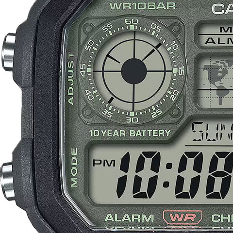 CASIO AE 1200WHUB 3AJF Men's Military Style Watch with Digital Display, Water Resistance, LED Backlight and Durable Resin Band