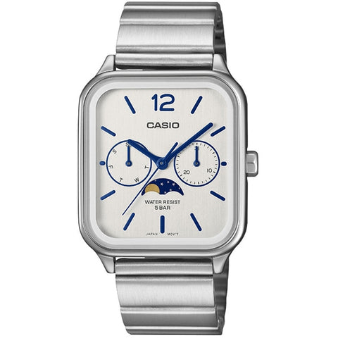 CASIO MTP-M305D-7AJF Watch - Analog Watch with Moon Phase Function, Date Display, and Stainless Steel Band - White