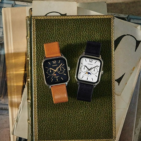 CASIO Collection Analog Wristwatch MTP-M305L-7AJF with Moon Phase Function and Leather Strap - Stylish Timepiece for Everyday Wear