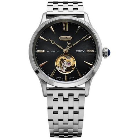 Kentex E660M-01 Open Heart Design Automatic Movement Black Diamond Men's Watch Stainless Steel Bracelet