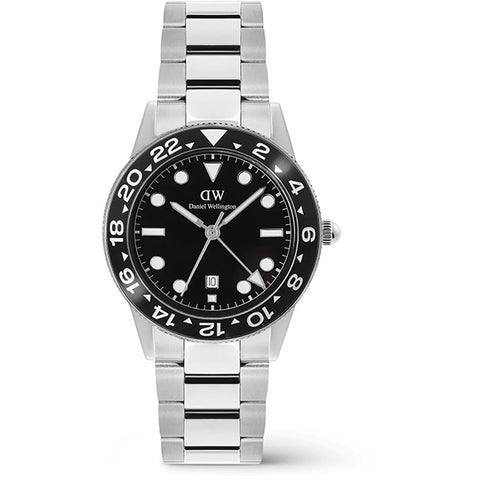 Daniel Wellington DW00100919 Iconic GMT Link Black Ceramic Bezel Silver 40mm Stainless Steel Black Dial 2-Year Warranty