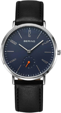 BERING 14036-407 Classic Leather Slim Quartz Black Leather Blue Dial Stylish Design Water Resistant