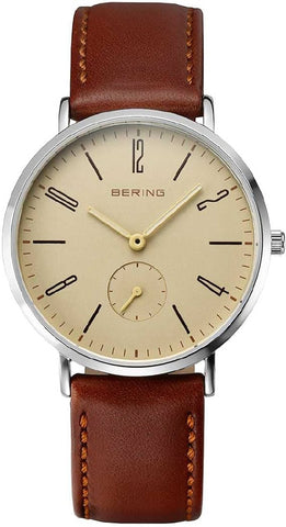 BERING 14036-509 Classic Leather Slim Quartz Brown Leather Beige Dial Stylish Minimalist Design