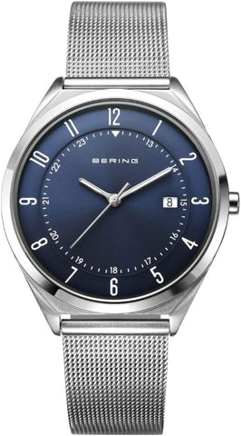 BERING 18738-007 Classic Ultra Slim Quartz Stainless Steel Mesh Blue Dial Elegant Design Lightweight Comfort