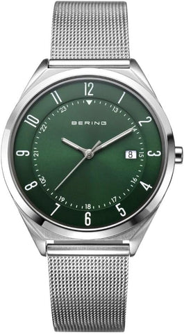 BERING 18738-008 Classic Ultra Slim Quartz SS Mesh Green Dial Elegant Design Lightweight Comfort