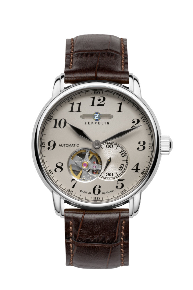 ZEPPELIN 7666-5-N Watch - Elegant White Dial Brown Leather Strap Automatic Movement 2-Year Warranty Authentic Design