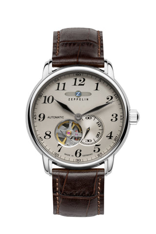 ZEPPELIN 7666-5-N Watch - Elegant White Dial Brown Leather Strap Automatic Movement 2-Year Warranty Authentic Design