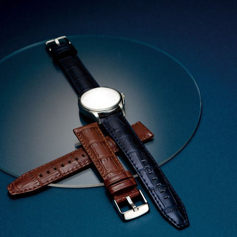 BKE112BW Genuine Leather Alligator Pattern 24mm Width Dark Brown Watch Band Durable Buckle Design