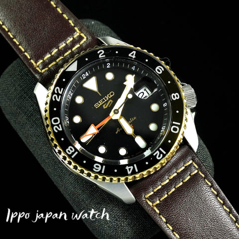 Seiko 5 Sports Automatic Mechanical GMT Men's Leather Strap Watch SBSC020/SSK036