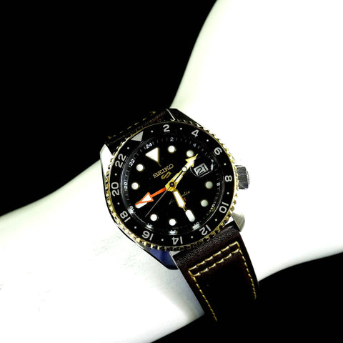 Seiko 5 Sports Automatic Mechanical GMT Men's Leather Strap Watch SBSC020/SSK036