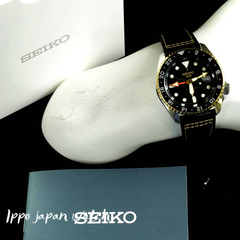 Seiko 5 Sports Automatic Mechanical GMT Men's Leather Strap Watch SBSC020/SSK036