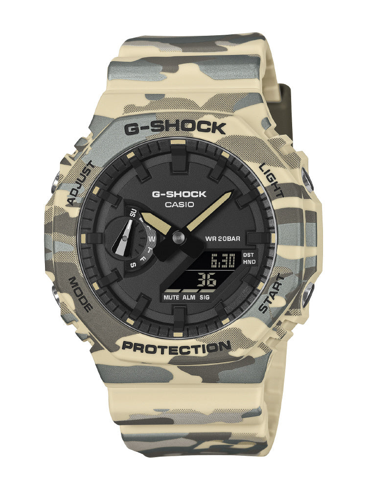 CASIO GA-2100CM-5AJF Watch - Stylish Beige Camouflage Design Lightweight Durable Resin Case Water Resistant