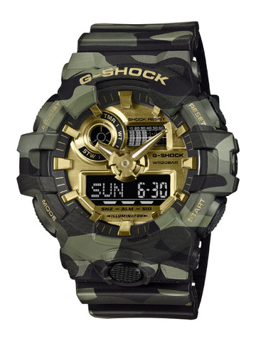 CASIO GA700CMG3AJF G-SHOCK Camouflage Design Stylish Gold Accents Shock Resistant Water Resistant