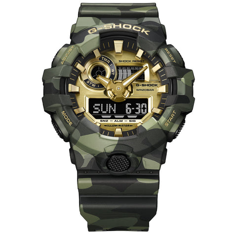 CASIO GA700CMG3AJF G-SHOCK Camouflage Design Stylish Gold Accents Shock Resistant Water Resistant