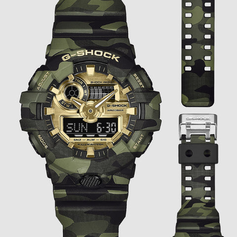 CASIO GA700CMG3AJF G-SHOCK Camouflage Design Stylish Gold Accents Shock Resistant Water Resistant