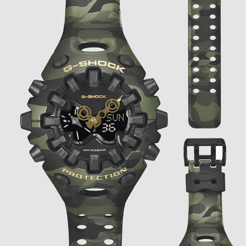 CASIO GAV01CMG3AJF G-SHOCK Camo and Gold Model Stylish Khaki Design Shock Resistant Water Resistant LED Light