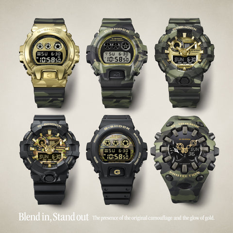 CASIO GM6900CMG3JF G-SHOCK Camo and Gold Design Durable Shock Resistant Water Resistant Stylish Everyday Wear