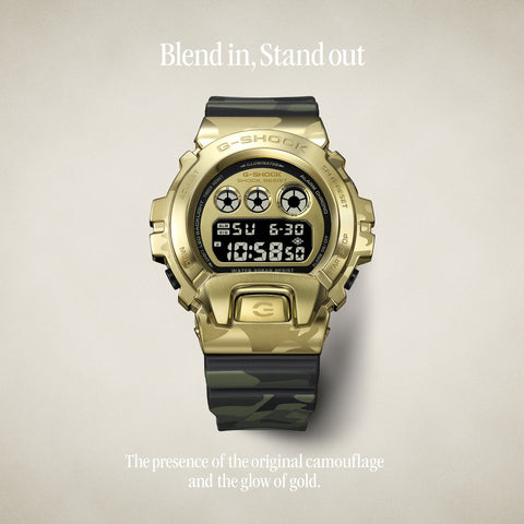 CASIO GM6900CMG3JF G-SHOCK Camo and Gold Design Durable Shock Resistant Water Resistant Stylish Everyday Wear