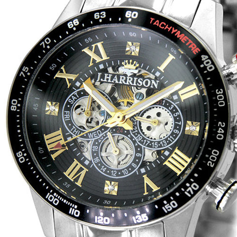 J.H-020BG BG Men's Mechanical Watch Automatic Skeleton Dual-Sided Black Multi-Function Design Elegant Style