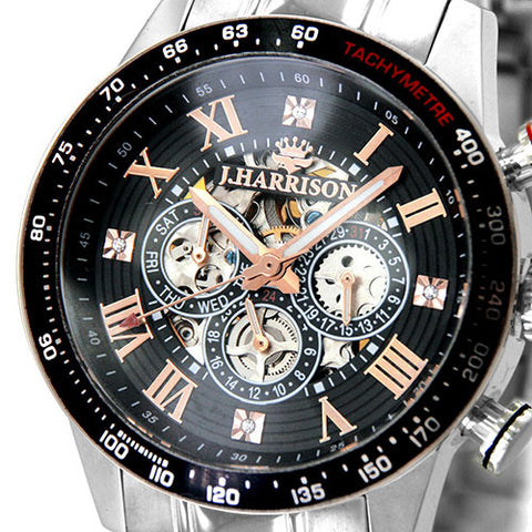 J.H-020BP BP Men's Automatic Skeleton Watch Black Multifunctional Elegant Design Durable Stainless Steel