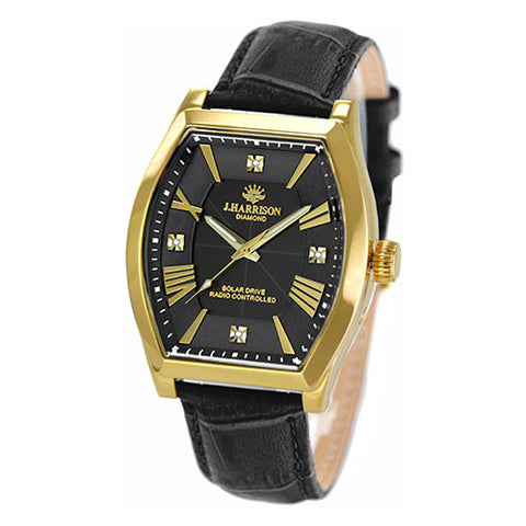 J.H-1883A-BK BK Solar-Powered Radio-Controlled Watch with 4 Diamond Accents Genuine Leather Strap Crystal Glass Black