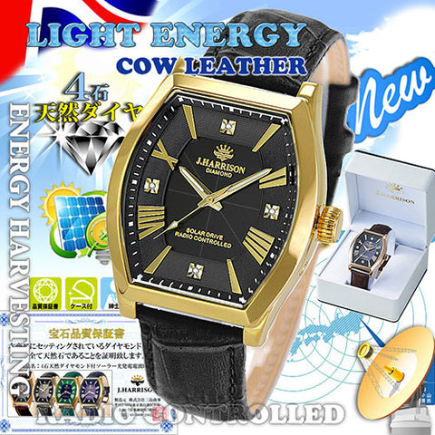 J.H-1883A-BK BK Solar-Powered Radio-Controlled Watch with 4 Diamond Accents Genuine Leather Strap Crystal Glass Black