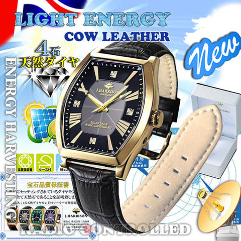 J.H-1883A-BK BK Solar-Powered Radio-Controlled Watch with 4 Diamond Accents Genuine Leather Strap Crystal Glass Black