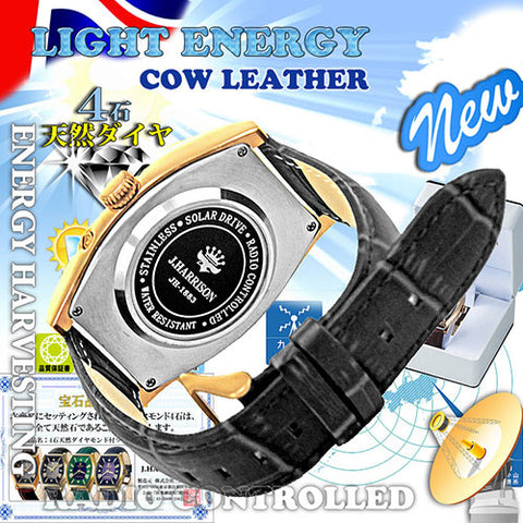J.H-1883A-BK BK Solar-Powered Radio-Controlled Watch with 4 Diamond Accents Genuine Leather Strap Crystal Glass Black