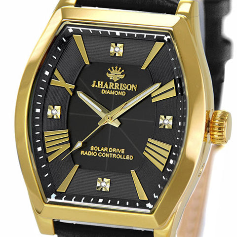 J.H-1883A-BK BK Solar-Powered Radio-Controlled Watch with 4 Diamond Accents Genuine Leather Strap Crystal Glass Black