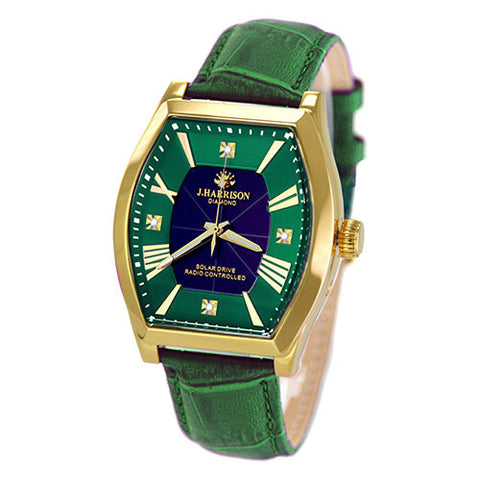 J.H-1883A-GR GR Solar Powered Radio-Controlled Watch with 4 Natural Diamonds Genuine Leather Strap Crystal Glass Green