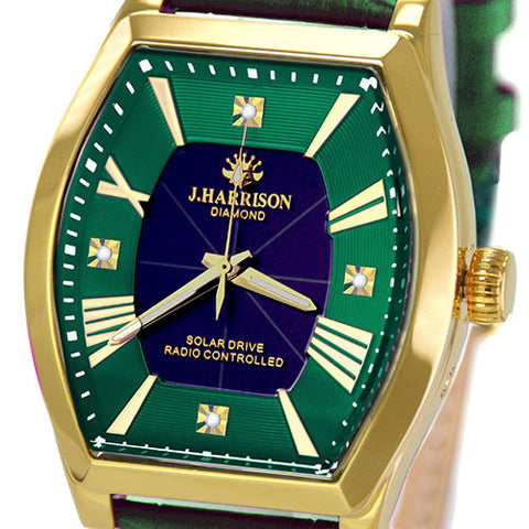 J.H-1883A-GR GR Solar Powered Radio-Controlled Watch with 4 Natural Diamonds Genuine Leather Strap Crystal Glass Green