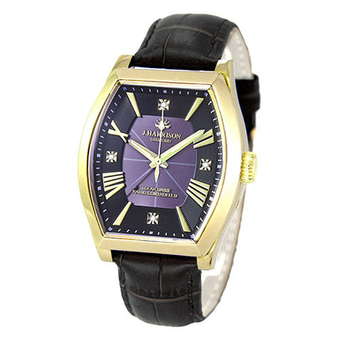 J.H-1883A-NV NV Solar-Powered Radio-Controlled Watch with 4 Natural Diamonds Genuine Leather Strap Crystal Glass Navy