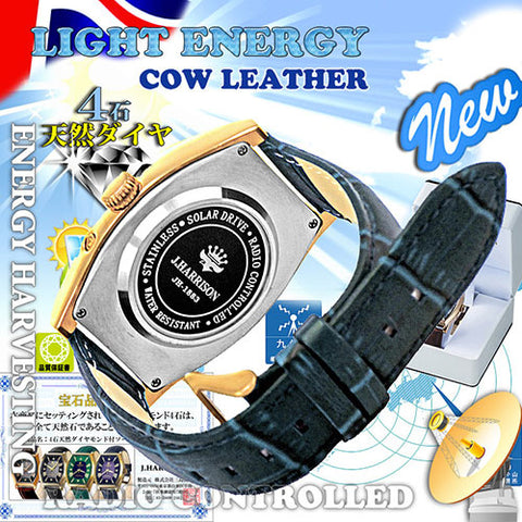 J.H-1883A-NV NV Solar-Powered Radio-Controlled Watch with 4 Natural Diamonds Genuine Leather Strap Crystal Glass Navy